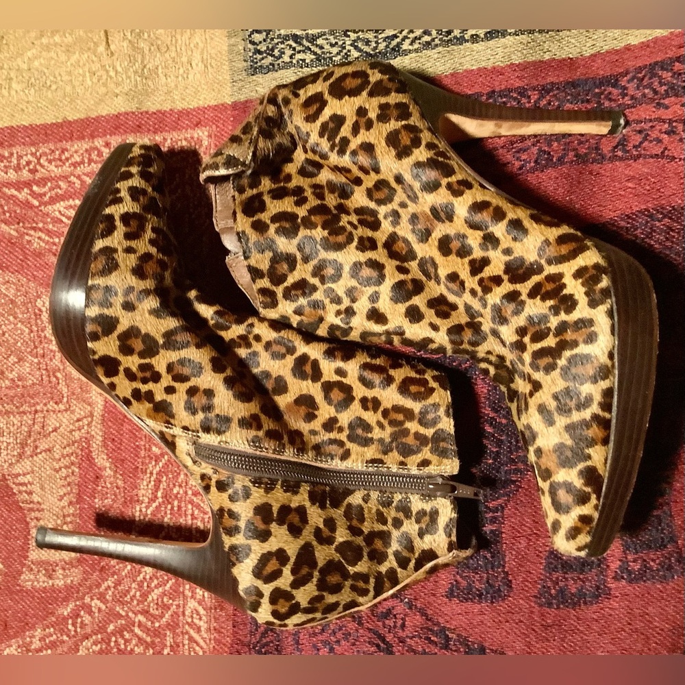 Leopard Faux Fur High Heel Platform Ankle Boots